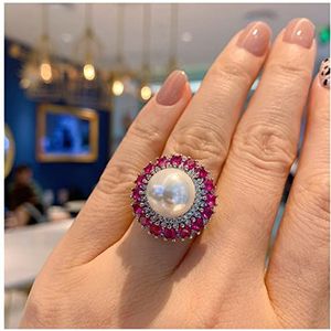 Oorbellen Trend 925 Silve 12mm White Pearl Ruby Gemstone Hanger Ketting Ring Oorbellen for Vrouwen Bruiloft Sieraden Sets Oorbellen voor dames (Color : Ring, Size : 45cm)