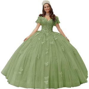 Fuomomo Quinceanera MT052 Jurk met vlinderapplicaties van kant, 3D, glanzend, baljurk, schoudervrij, voor snoep, 15 en 16, verjaardagsjurk van tule, Salie groen, 30 NL