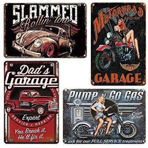 QUMENEY 4 stuks vintage metalen tinnen muurbord plaag poster, retro auto en meisje patroon wanddecoratie kunst tinnen bord voor café bar pub bier (30 x 20 cm/11,8 x 7,9 in)