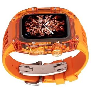 dayeer Volledig transparante behuizing Fluororubber horlogeband Mod Kit voor Apple Watch Ultra2 ultra, gemodificeerde behuizing Band Clear Bezel voor Iwatch9/8/7/6/5/4 (Color : Orangeo, Size : 45mm4