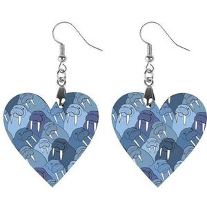 Blauwe Walrus Leuke Hartvormige Hanger Oorbellen Voor Vrouwen Lichtgewicht Houten Oorbellen Mode-sieraden Geschenken