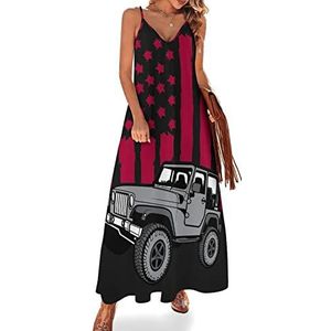 USA Off-road vlag dames zomer maxi-jurk V-hals mouwloze spaghettiband lange jurk