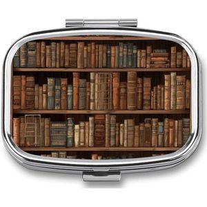 Bibliotheek Boekenplank Pillenetui met 2 compartimenten, pillenorganizer, draagbare vierkante pillendoos, vitaminepillenorganizer voor zakportemonnee en reizen