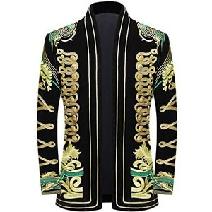 PYJTRL Heren stijlvolle Court Prince zwart fluweel goud borduurwerk blazer pak jas, Groene Bloem, S