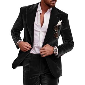 Fluwelen smokingpak voor heren, slanke pasvorm, 2-delige platte fleece jas, broekpak met piekrevers, Zwart, M