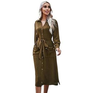 jurken voor dames Effen overhemdjurk met knoopsluiting en riem aan de voorkant (Color : Army Green, Size : Small)