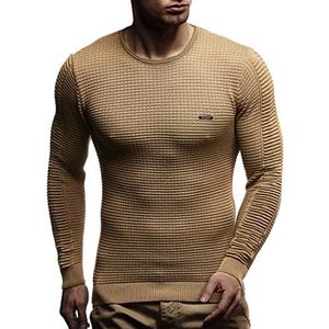 Leif Nelson LN-1545, Fijn Gebreide Trui met Ronde Hals voor Heren, Donker beige, L