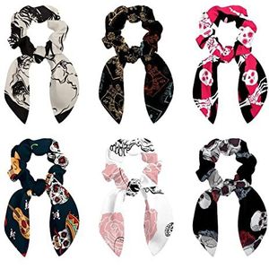 6 stuks haarscrunchies - gegraveerde menselijke schedel bloemen haar sjaal scrunchy met lint strik, elastische haarbanden paardenstaart houders voor vrouwen tiener meisjes