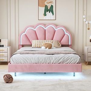 boorbin Gestoffeerd bed met ledverlichting en hoofdeindedesign, plat tweepersoonsbed logeerbed in huidvriendelijke fluwelen stof (140 x 200 cm, roze)