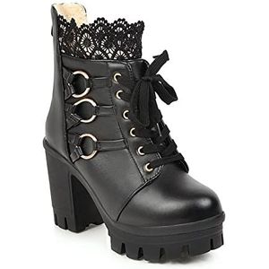 Lace-Up Gothic Enkellaarsjes Vrouwen Platform Korte Blok Hak Laarzen Cosplay Enkellaarsjes PU Leer Antislip Biker Booties Vrouwen Party Enkel Schoenen (Color : Black, Size : 40 EU)