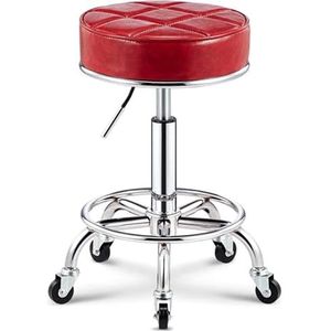 FXLUHAY PU lederen draaibare massagesalon kruk met voetsteun, ronde rollende kruk schoonheid spa stoel, verstelbare hoogte barkruk voor kappers manicure tattoo kapper Hairdre (rood)