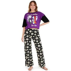 Disney Lange pyjamaset voor dames, katoenen ademende loungewear - cadeaus voor vrouwen, Paars/Zwart, XL
