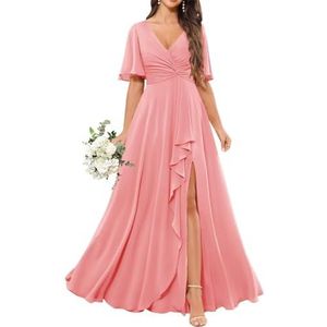 Chiffon bruidsmeisjesjurken voor dames, met spleetplooien, formele avondjurken, grote maten, Koraal, 32