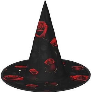 ZISHAK Veel rode roos zwarte achtergrond Halloween heksenhoed voor vrouwen, ultieme feesthoed voor beste Halloween-kostuumensemble