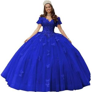 Fuomomo Quinceanera MT052 Jurk met vlinderapplicaties van kant, 3D, glanzend, baljurk, schoudervrij, voor snoep, 15 en 16, verjaardagsjurk van tule, Royal Blauw, 42