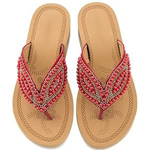 Dames Sandalen Parels Sleehak Sandalen 2023 Zomer Open Teen Sleehak Slipper Strandschoenen,Rood,42 EU