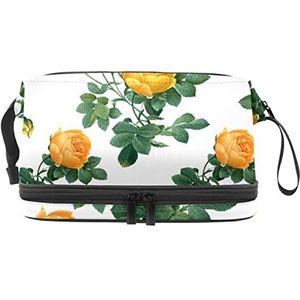 Grote capaciteit reizen cosmetische tas,Gele bloemen patroon groene bladeren,Make-up tas,Waterdichte make-up tas organisator, Meerkleurig, 27x15x14 cm/10.6x5.9x5.5 in