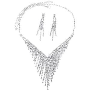 Luxe Crystal Kwasten Bruid Sieraden Set Strass Zilveren Trouwjurk Ketting Oorbellen Set, Witte diamant