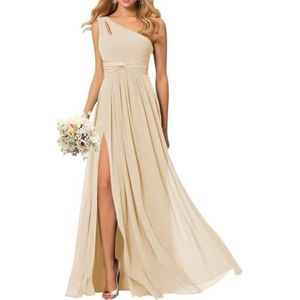 SAMHO Avondjurk met één schouder voor dames, chiffon, bruidsmeisjesjurk met zakken, lang, geplooid, A-lijn, split, Champagne, 32