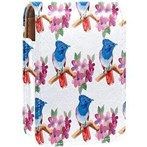 Lipgloss Houder Lipstick Case Draagbare Mini Lipstick Opbergdoos Reizen Lipstick Organizer Case met Spiegel voor Vrouwen Blauwe Vogels Bloem Tak Rode Aquarel, Meerkleurig, 9.5x2x7 cm/3.7x0.8x2.7 in