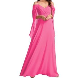 AHERKLL Koude Schouder Bruidsmeisjes Jurken voor Bruiloft Spaghetti Band Chiffon Formele Avond Party Maxi Jurk Lange HAH049, roze (hot pink), 32