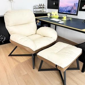 Accentstoel met poefset, in 6 posities verstelbare rugleuning, moderne comfortabele loungestoel met poef for woonkamer, slaapkamer, leeskamer(White,B)