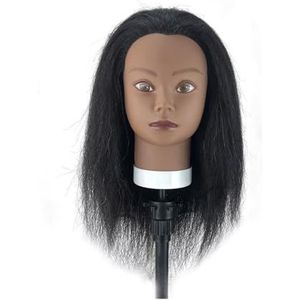 Afrikaans mannequinhoofd, echt haar, kappersopleidingshoofd met statief, mannequin, cosmetologiepophoofd for vlechten en styling(Only One Head 3)