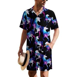 Rainbow Galaxy Unicorn Hawaiiaanse pak voor heren, set van 2 stuks, strandoutfit, shirt en korte broek, bijpassende set