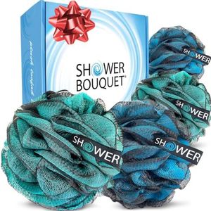 Loofah-Charcoal Badspons-Blauw-Groen XL-75g van Shower Bouquet - Extra Large 4 Pack, Soft Mesh Kleurset, Zwarte Bamboe Loufa Puff - Exfoliërende Body Scrubber voor vrouwen en mannen: Kalmerende