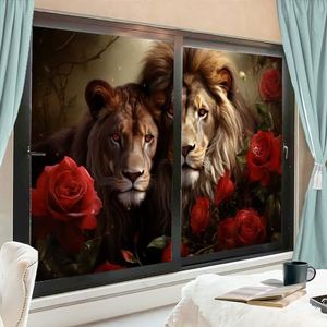 Vintage leeuw raamfolie, warmteblokkerende rode roos bloemen wilde dieren liefde privacy raamdecoratie glazen deurbekleding niet-klevende raamfilm voor badkamer keuken 90 x 160 cm x 2 stuks