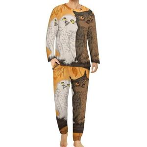 Zwart-witte uilen in herfst bos comfortabele heren pyjama set ronde hals lange mouwen loungewear met zakken 5XL