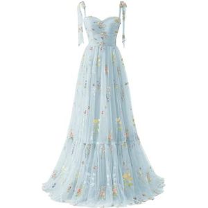 Dames Tule Galajurken Bloem Borduurwerk Avondfeest Jurken Prinses Baljurken Plus Size, 3-mouwloos Hemelsblauw, 32