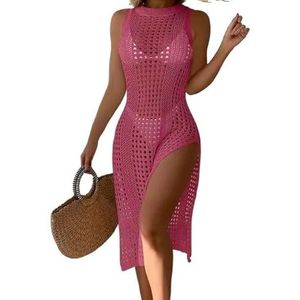 Cover Ups Voor Vrouwen Strandkleding Vrouwen Zomer Sexy Hollow Out Gebreide Strand Cover Up Dubbelzijdige Split Jurk Strandkleding Ronde Hals Mouwloze Kleding Badpak Cover Ups Voor Vrouwen (Roos)