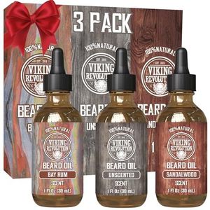 Viking Revolution Beard Oil for Men 3 Pack - Natural Mens Beard Oil Variety Set 2 - Sandalwood, Unscented and Bay Rum Scents - Beard Conditioning and Moisturizing for a Healthy Beard (3 Pack, 1oz)