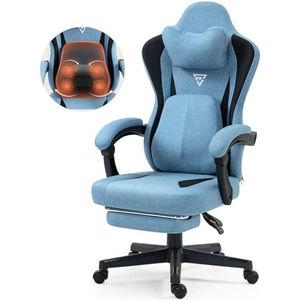 Vigosit Gaming stoel met verwarmde massage lendensteun, stof gamerstoel met tas, lentekussen en voetensteun, rode en hoge ergonomische gamer-bureaustoel 150 kg belastbaarheid (blauw)