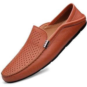 Herenloafers Ronde neus Leer geperforeerd Ademend Loafer Schoenen Antislip Antislip Lichtgewicht Klassieke instapper(Color:Red Brown,Size:39 EU)