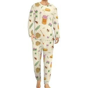 Honingbijen Bloemen Comfortabele Heren Pyjama Set Ronde Hals Lange Mouw Loungewear met Zakken 3XL