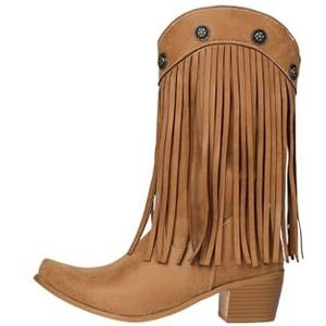 Vintage Enkellaarsjes Met Franjes Western Cowboylaarzen for Dames, Boots Met Vierkante Neus En Blokhak Brede Schacht Instapschoenen Met Klinknagels, PU-leren Laarzen In Grote Maten(Yellow,43 EU)