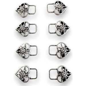 Hartmann-Knöpfe 8 stuks stabiele outszilveren korsetogen hartvorm met edelweiss-motief van metaal voor dirndl-klederdracht 26 mm x 19 mm
