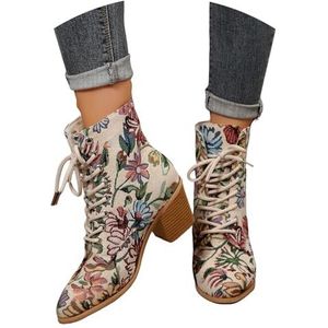 Klassieke Veterlaarzen For Dames Retro Enkellaarsjes Met Bloemenborduurwerk Etnische Stijl Ankle Boots Chelsea Laarsjes Met Blokhak Puntige Neus Enkelschoenen Grote Maten Hoge Hakken(Beige,43 EU)
