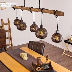 Hanglamp Imana 5-lamps metalen plafondlamp in zwart en koper, vintage look Hanglamp met hout in de natuur, 5 x E27, zonder gloeilampen