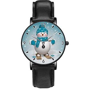 Mooie Kerst Cartoon Skiën Sneeuwpop Sneeuwpop Sneeuwvlok Klassieke Patroon Horloges Persoonlijkheid Business Casual Horloges Mannen Vrouwen Quartz Analoge Horloges, Zwart