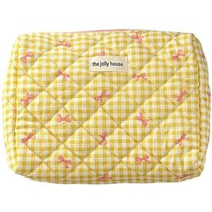 Geruite schattige cosmetische tas met rits make-up organizer opbergtas katoen gewatteerde cosmetische organizer tas voor vrouwen en meisjes, Geel, M, esthetische/bloemen