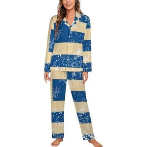 Retro Griekenland Vlag Lange Mouw Pyjama Sets Voor Vrouwen Klassieke Nachtkleding Nachtkleding Zachte Pjs Lounge Sets