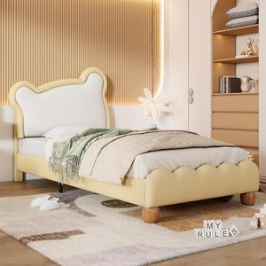 Moimhear Eenpersoonsbed, kinderbed, jeugdbed, gestoffeerd bed met behaaglijk berenkop, houten lattenbodem, PU (geel)