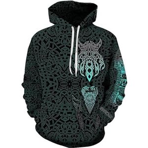 Noorse Mythologie Mannen Vikings Tattoo Noorse Mythologie 3D geprintRaven kompas patroon retro Hoodie Pullover, Pocket Casual Jas Pullover Herfst (Color : Color, Size : XXXXXL)