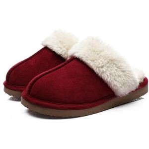 Bont Slippers Vrouwen Winter Huis Schoenen Warme Korte Pluche Slippers Mode Pluizige Suède Slippers, Wijn Rood, 47 M EU
