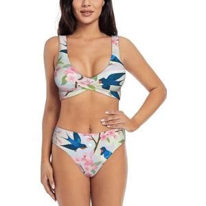 Zelinge Dames bikinisets sportief 2-delig badpak hoog getailleerd badpak S-XXL, Perzikbloesem Blauwe Vogels, S