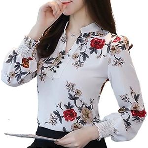 HJUGHPN Damesblouse met lange mouwen voor dames, V-hals, bloemenprint, chiffon shirt, Wit, S