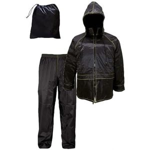 Susy Shop Motorpak, waterdicht, regendicht, winddicht, met tas, zwart, set jas en broek – intrekbare capuchon | heren dames | scooter fiets | regenset, Zwart, L